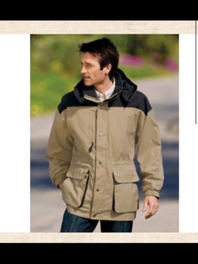 Men's Two-Tone Hooded rain Jacket - Khaki and Black